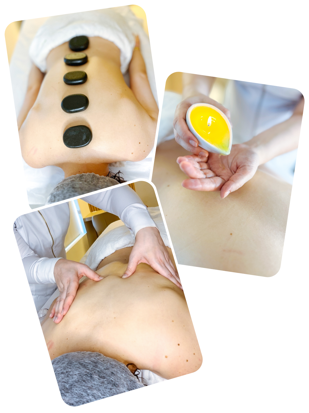 Terapias de Spa na imagem: Massagem com Pedras Quentes, Massagem com Velas e Massagem Relaxante de Spa